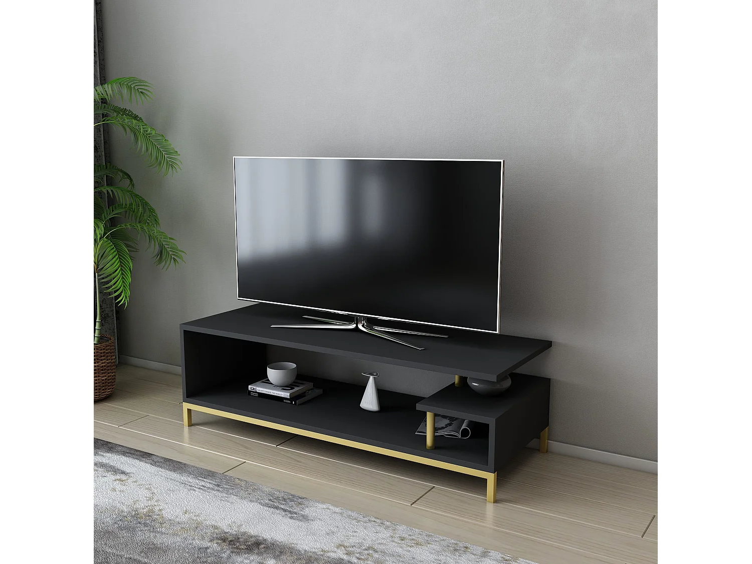 Glamouröser TV-Ständer, Gold und Anthrazit, 120 x 44,6 x 37,6 cm | 100 % melaminbeschichtete Spanplatte, 18 mm stark | Elegant und funktional für moderne Wohnzimmer