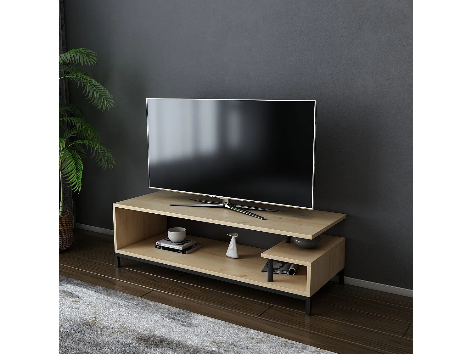 Meuble Tv design Kyrisa L120cm Métal Noir et Bois Chêne clair