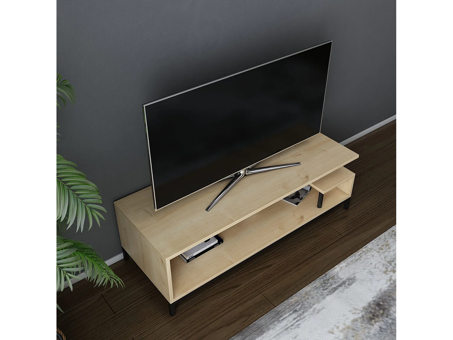 Meuble Tv design Kyrisa L120cm Métal Noir et Bois Chêne clair