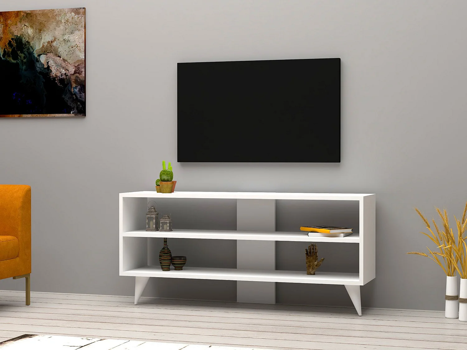 Mueble de TV – 120 cm x 50 cm x 29,6 cm – Blanco – Tablero de partículas recubierto de melamina