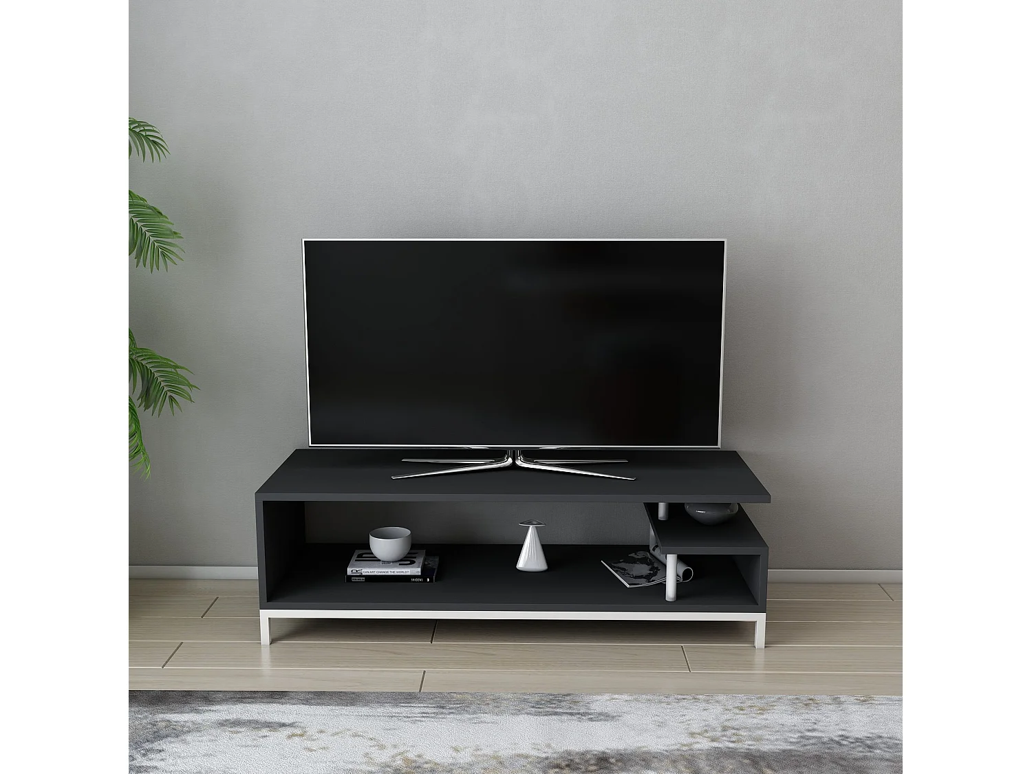 Meuble Tv design Kyrisa L120cm Métal Blanc et Bois Anthracite