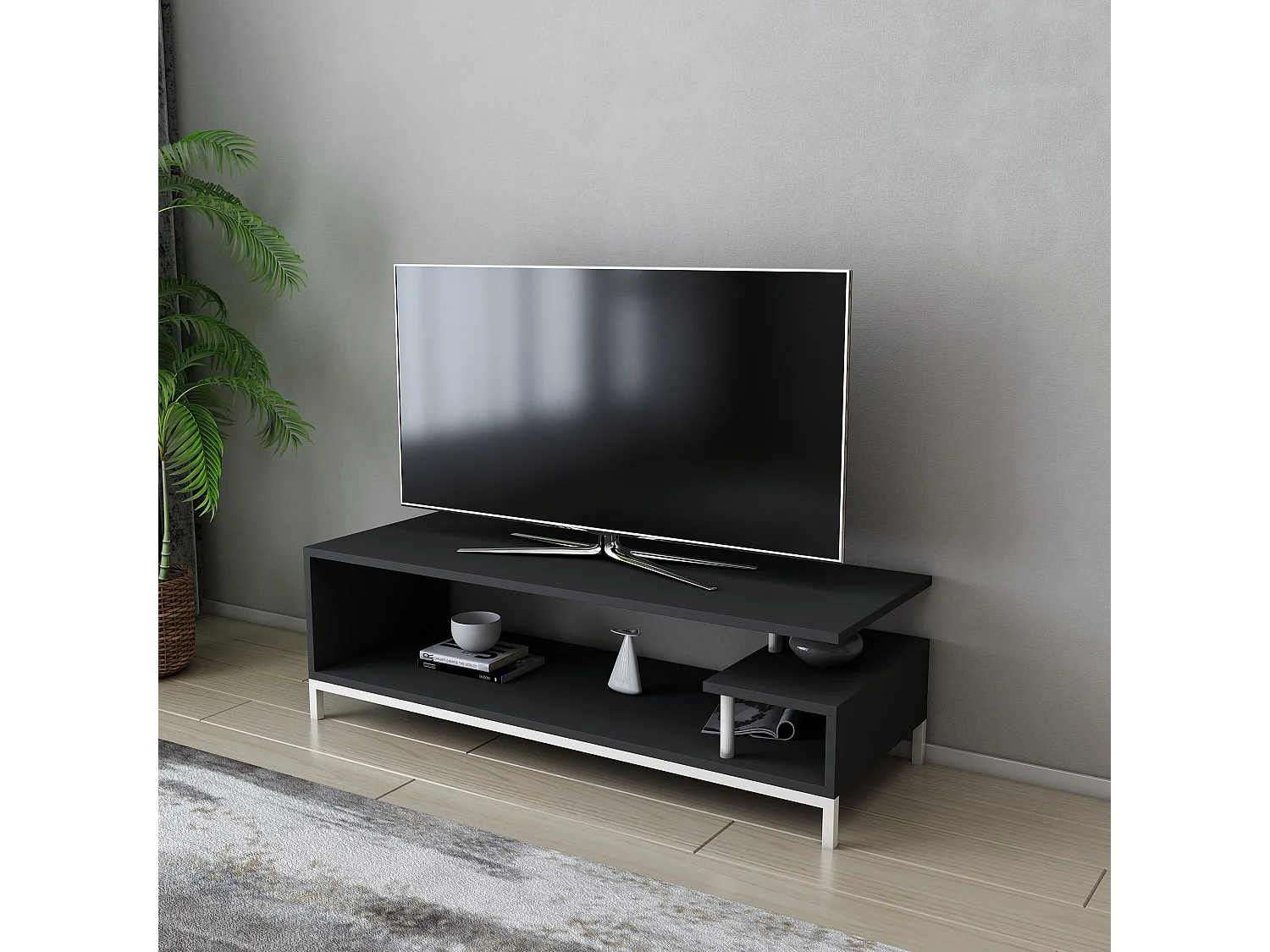 Meuble Tv design Kyrisa L120cm Métal Blanc et Bois Anthracite