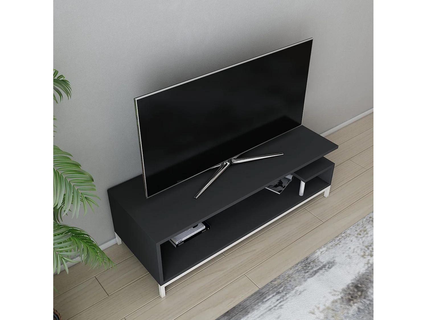 Meuble Tv design Kyrisa L120cm Métal Blanc et Bois Anthracite