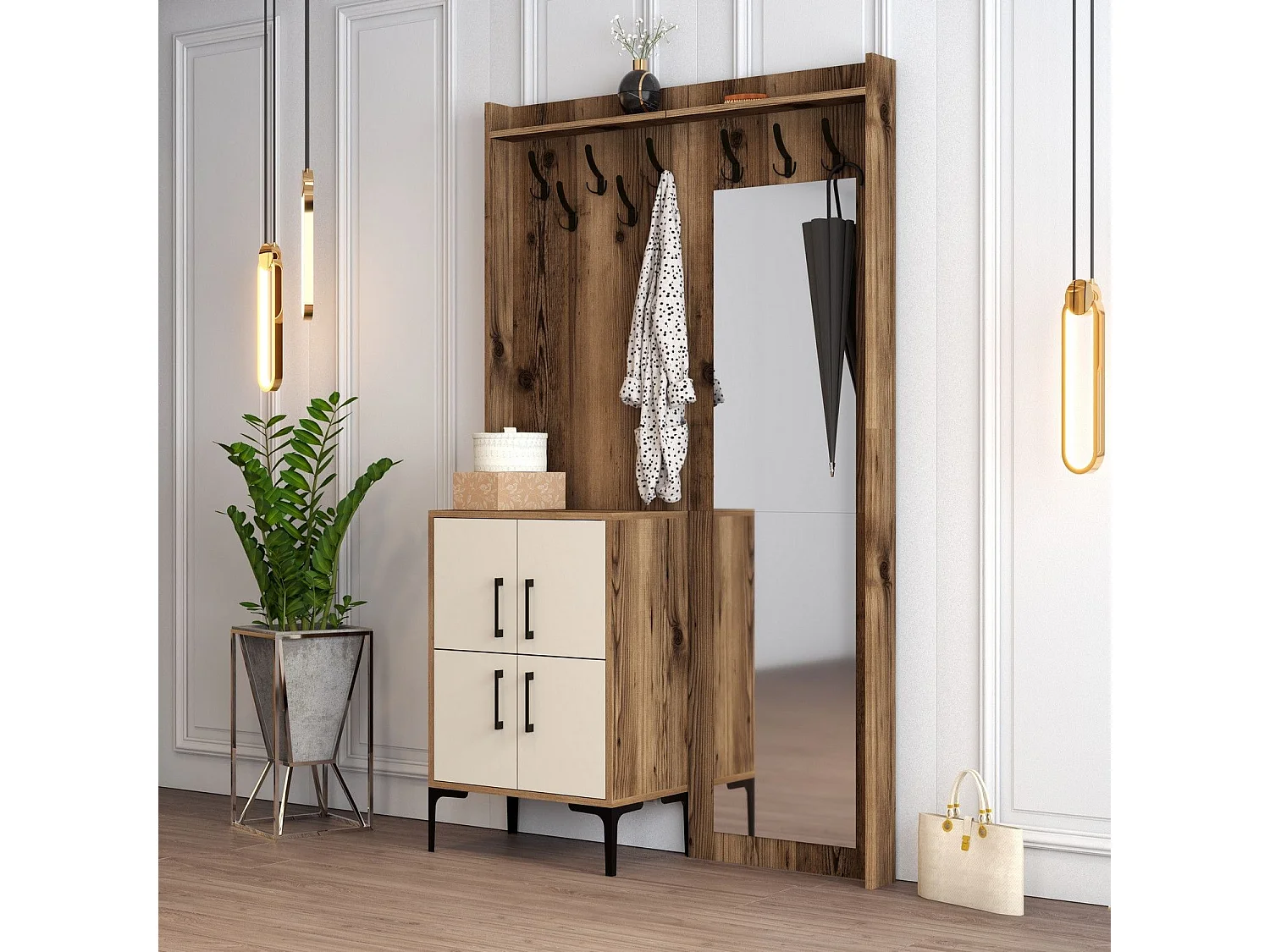 Portemanteaux 4 portes et Miroir Shera 120x200cm Bois Naturel et Blanc Blanc créme