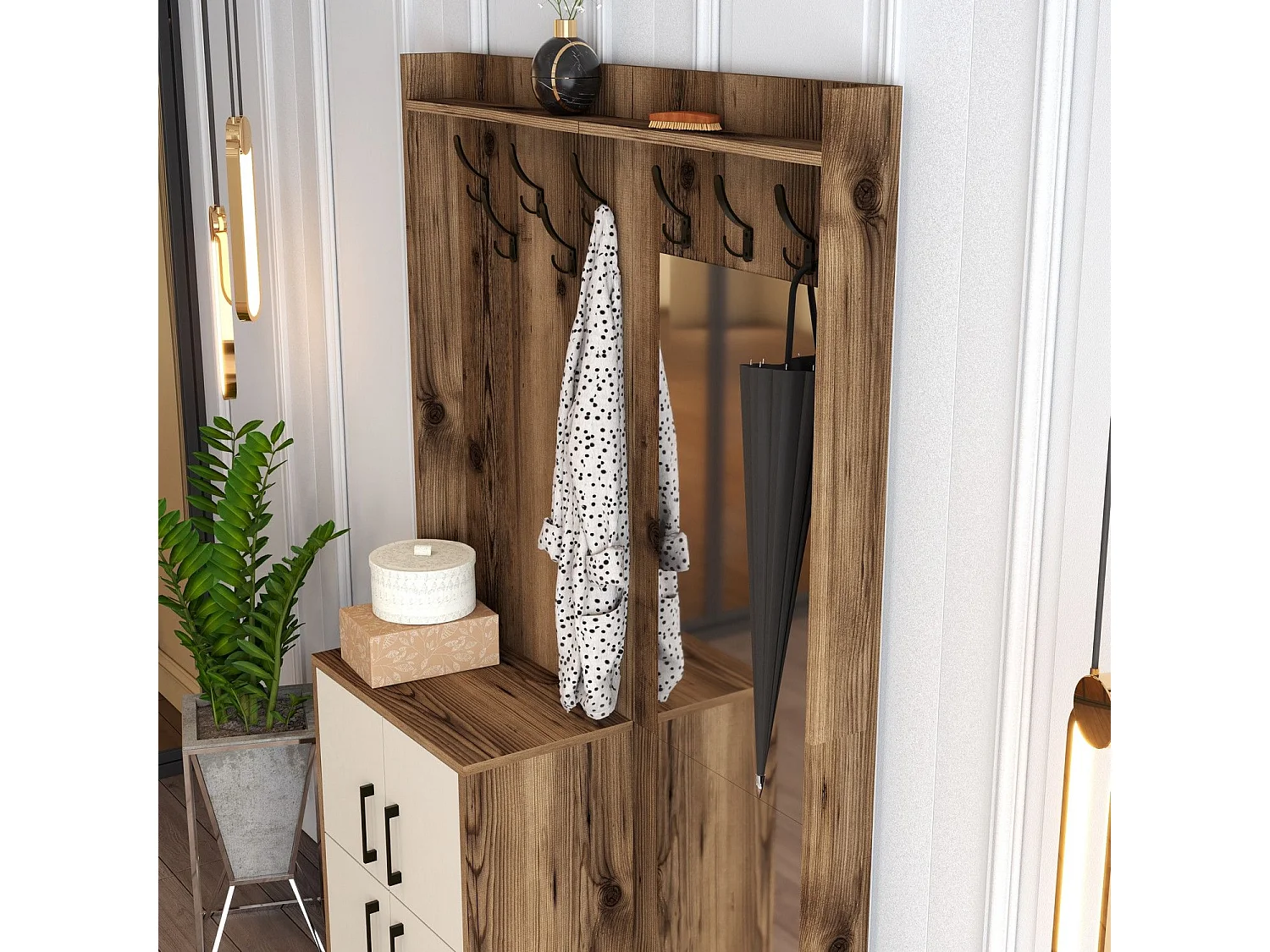 Portemanteaux 4 portes et Miroir Shera 120x200cm Bois Naturel et Blanc Blanc créme