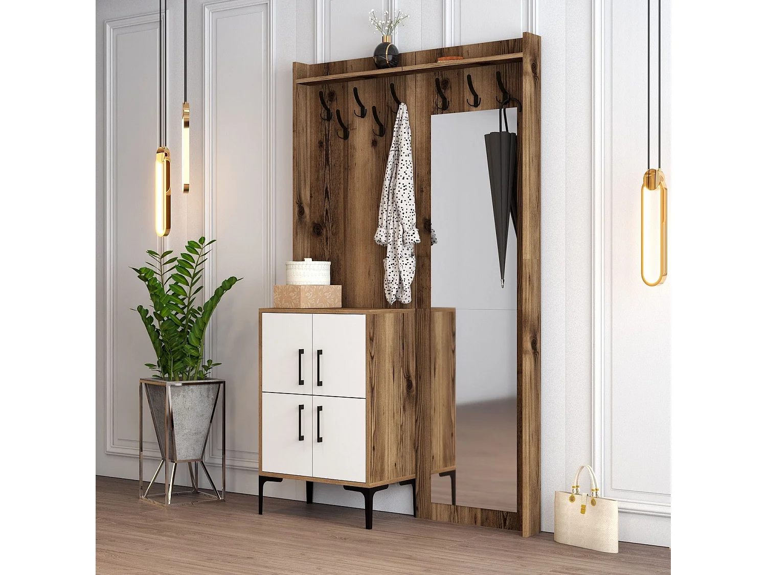 Portemanteaux 4 portes et Miroir Shera 120x200cm Bois Naturel et Blanc