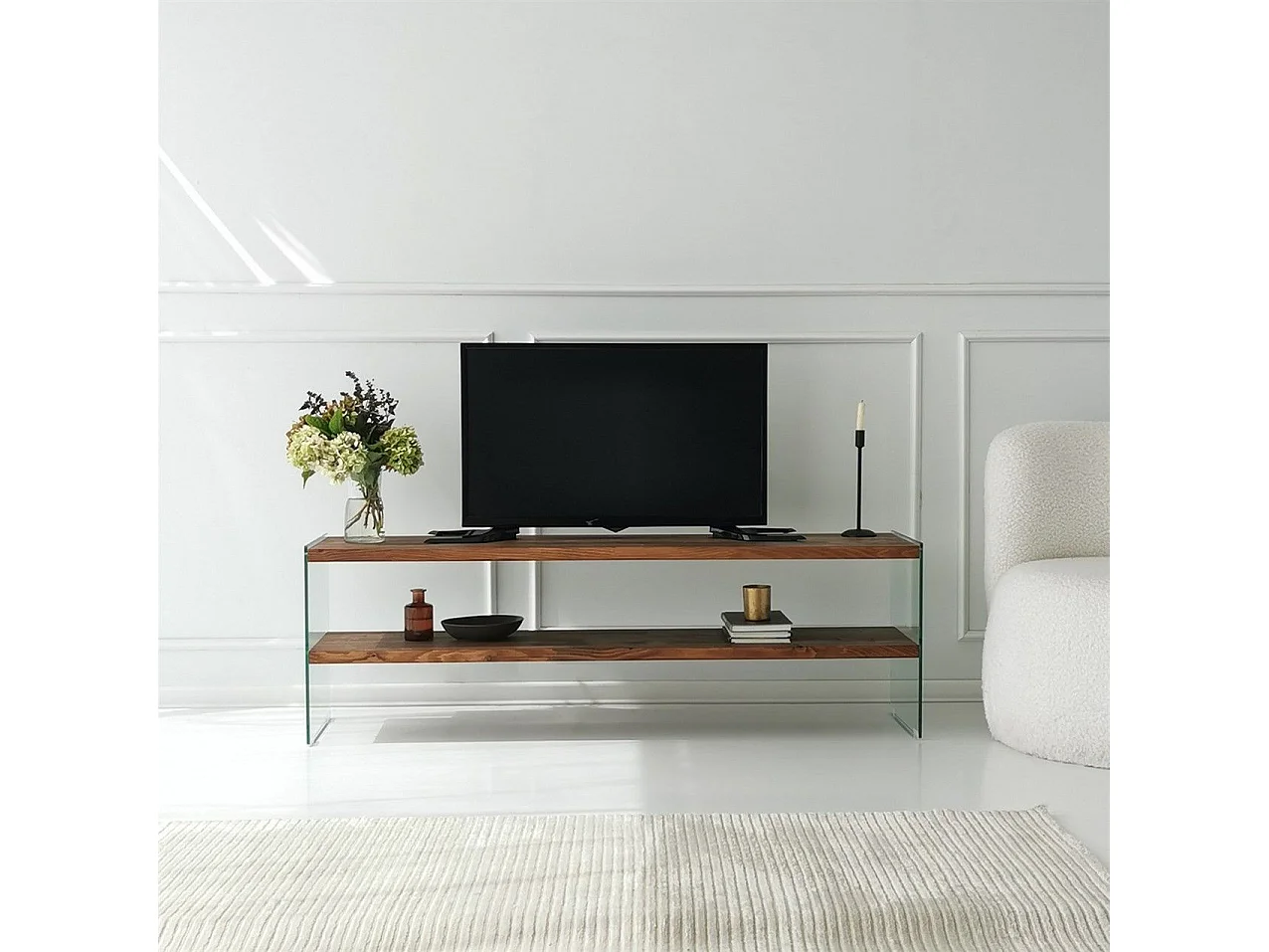 Meuble TV minimaliste Wako L140cm Verre Transparent et Bois massif foncé