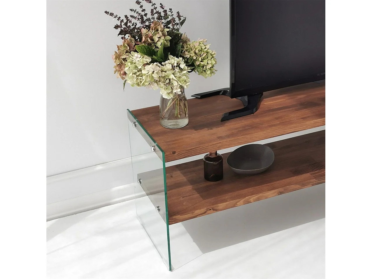 Meuble TV minimaliste Wako L140cm Verre Transparent et Bois massif foncé