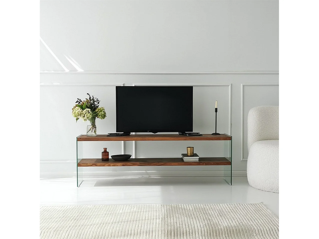 Meuble TV minimaliste Wako L140cm Verre Transparent et Bois massif foncé