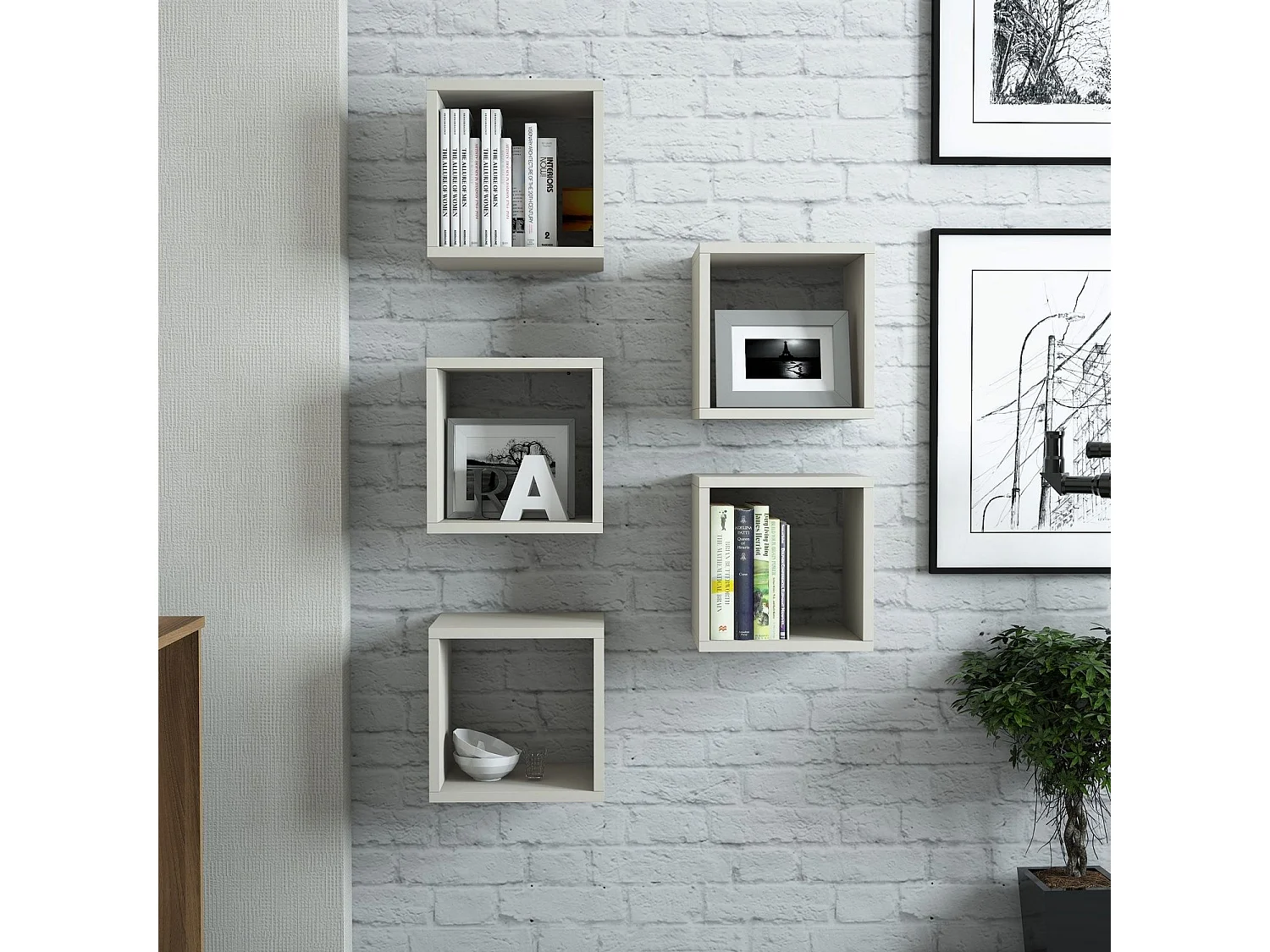 Lot de 5 étagères murales cube Pyxis L30xH30cm Blanc crème