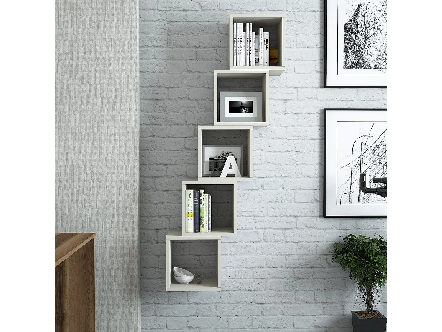 Lot de 5 étagères murales cube Pyxis L30xH30cm Blanc crème