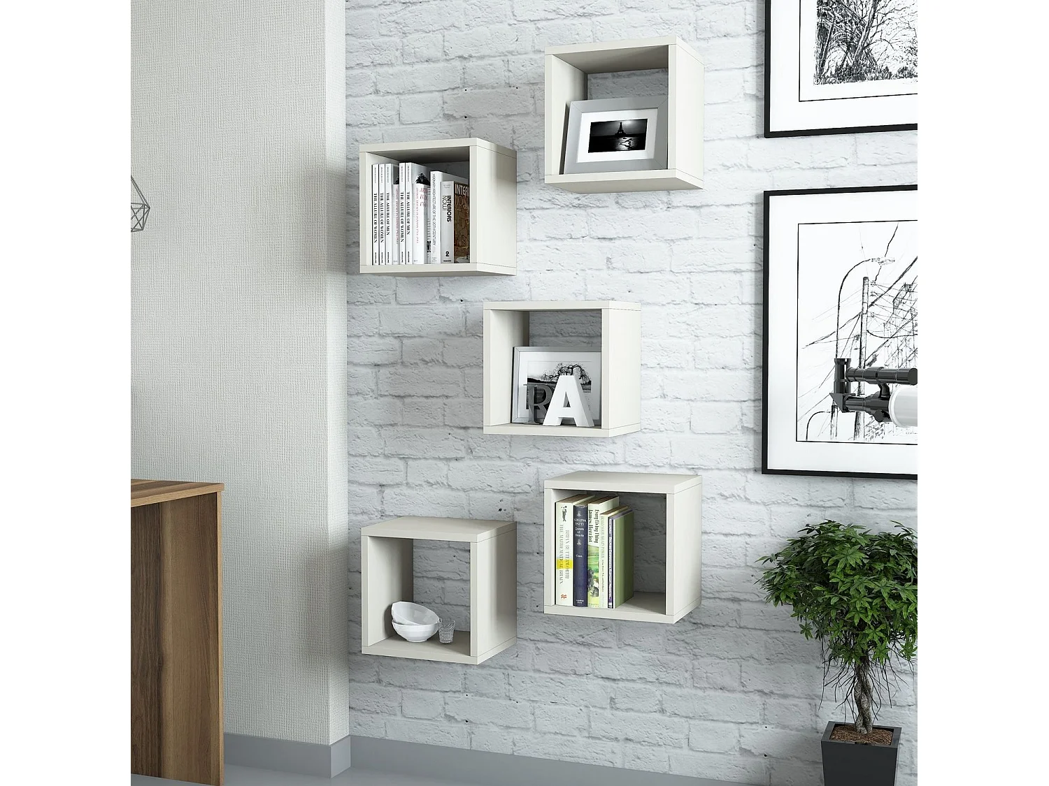Lot de 5 étagères murales cube Pyxis L30xH30cm Blanc crème