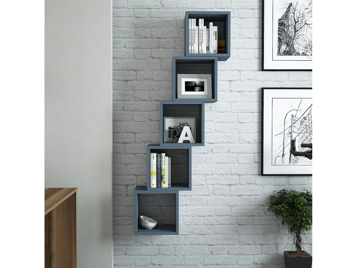 Lot de 5 étagères murales cube Pyxis L30xH30cm Bleu