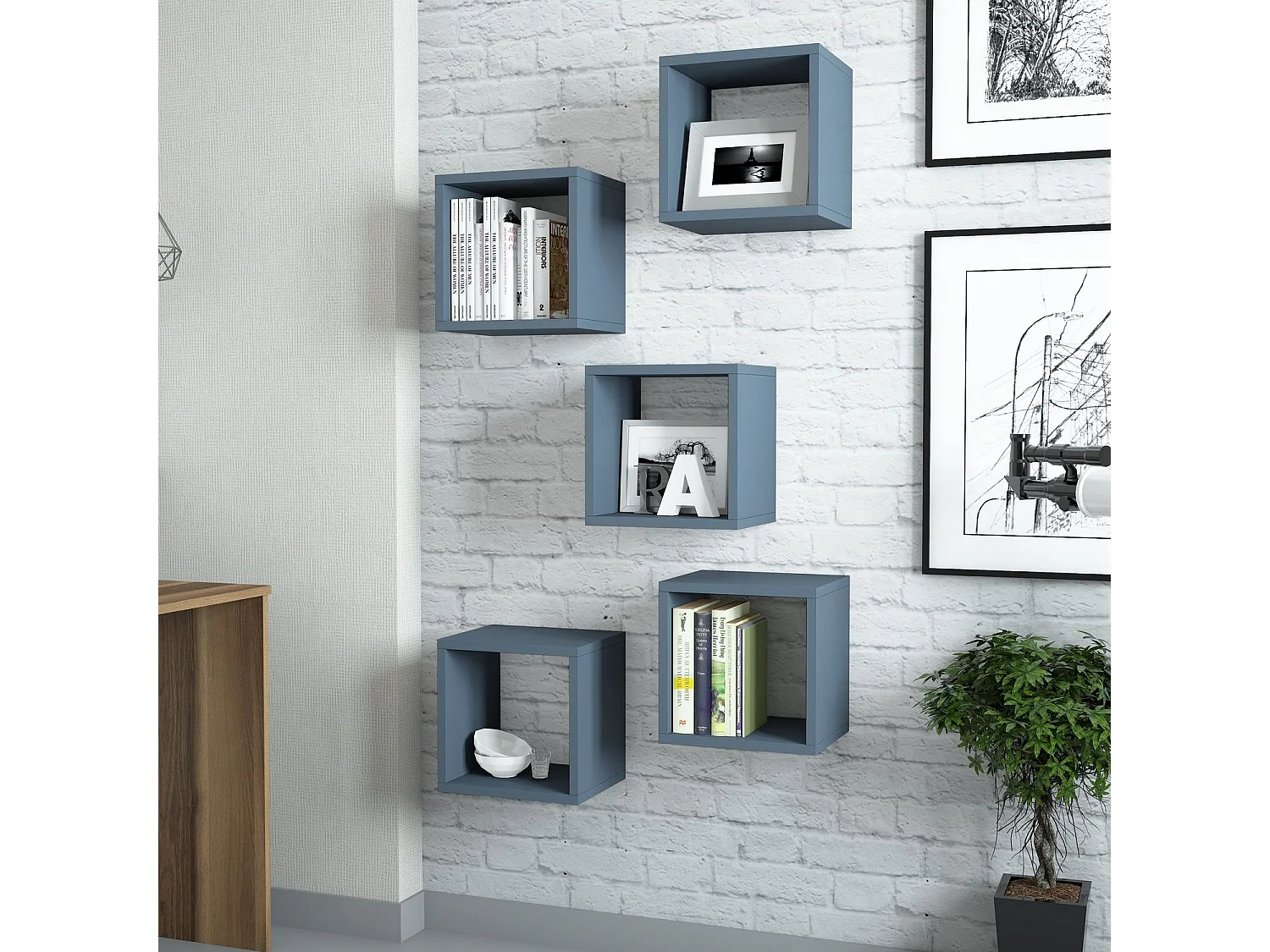 Lot de 5 étagères murales cube Pyxis L30xH30cm Bleu