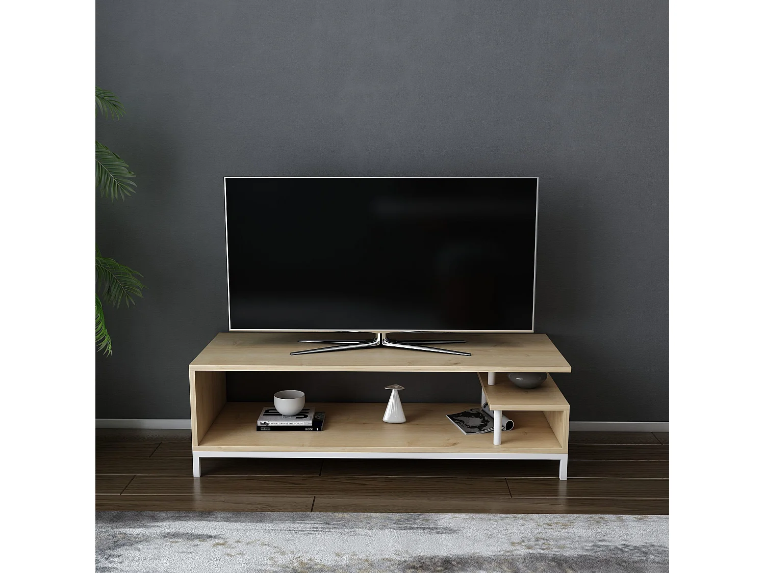 Meuble Tv design Kyrisa L120cm Métal Blanc et Bois Chêne clair