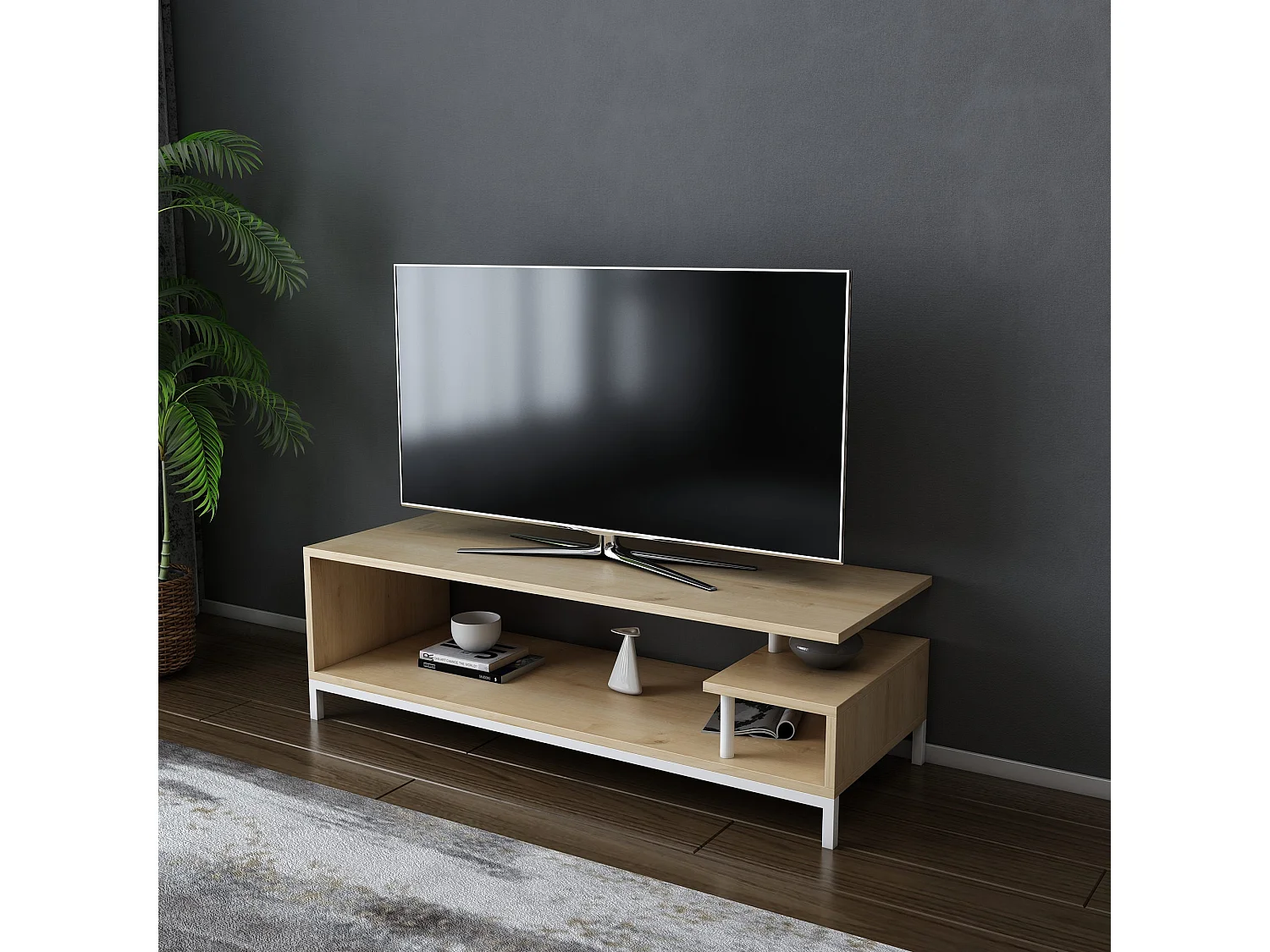 Meuble Tv design Kyrisa L120cm Métal Blanc et Bois Chêne clair