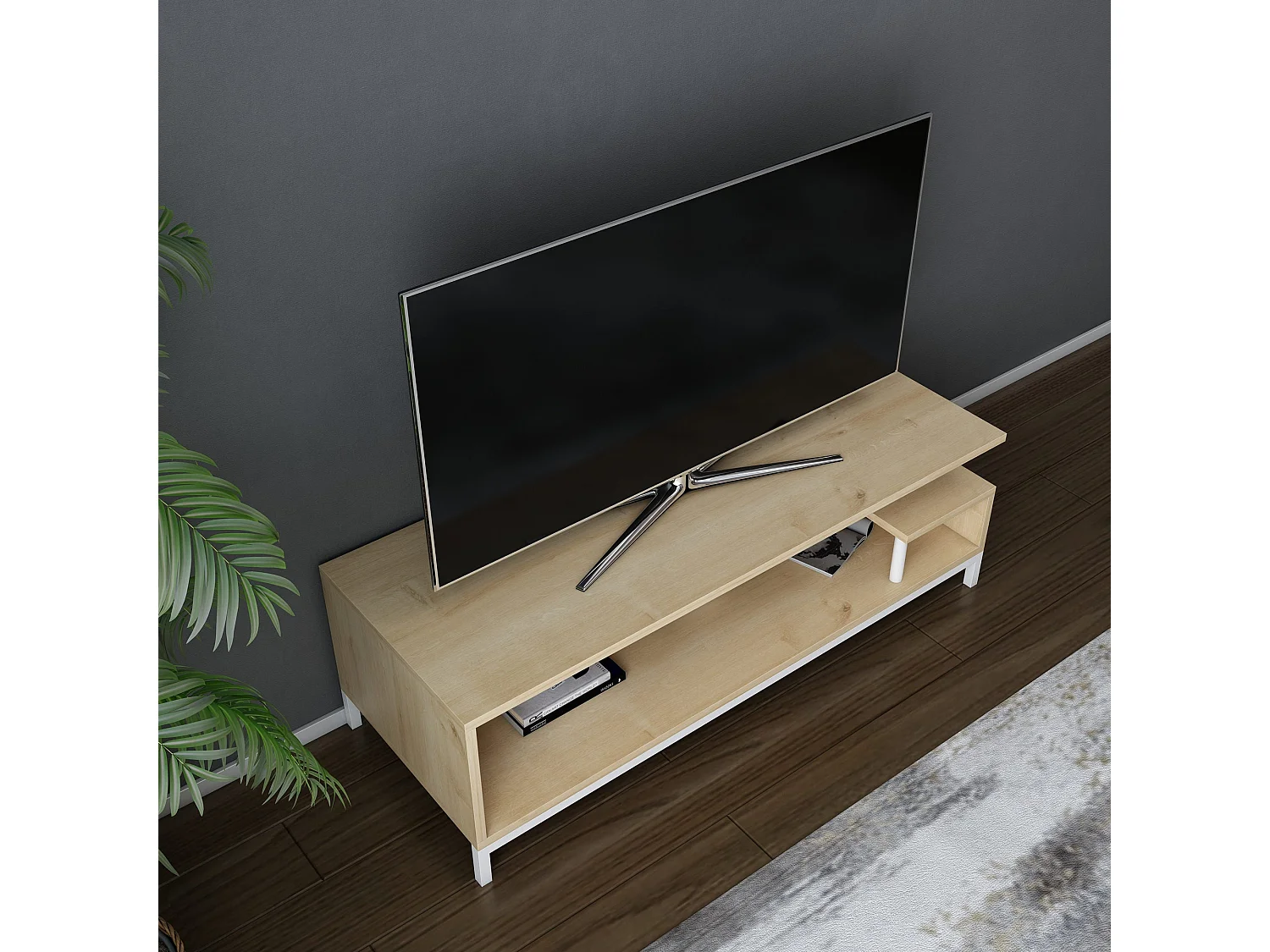 Meuble Tv design Kyrisa L120cm Métal Blanc et Bois Chêne clair