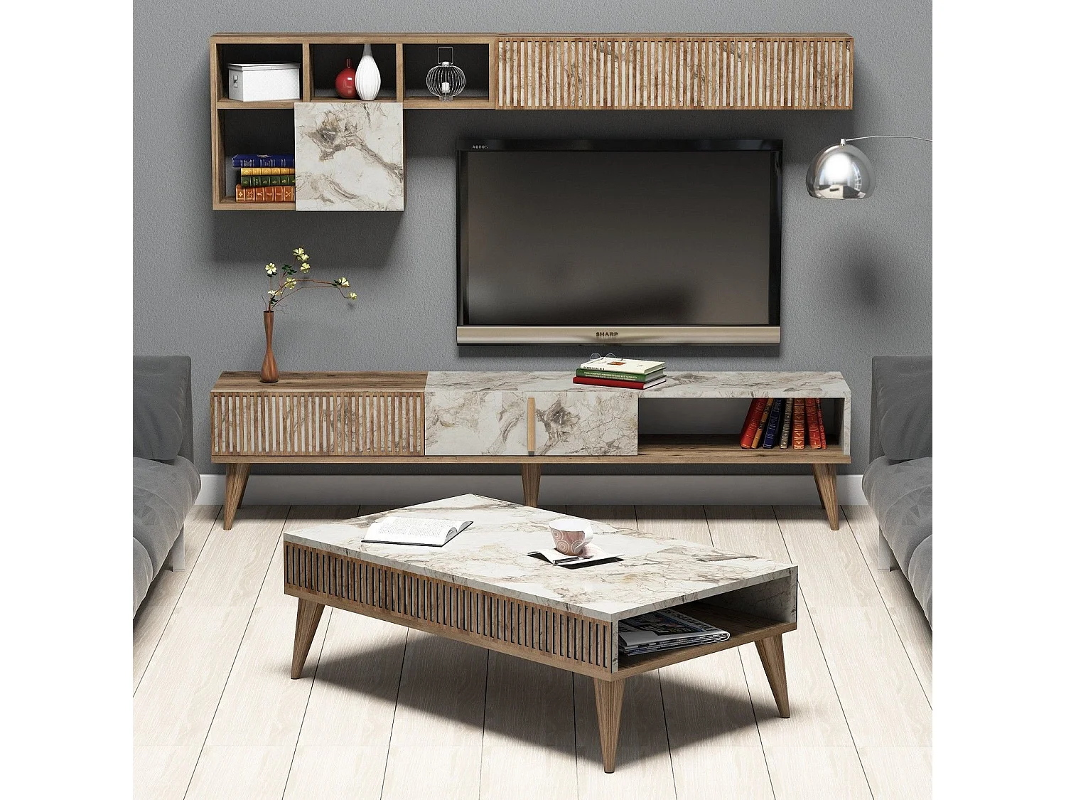 Ensemble meuble Tv, table basse et étagère murale design Ribera Bois foncé et Effet marbre Blanc