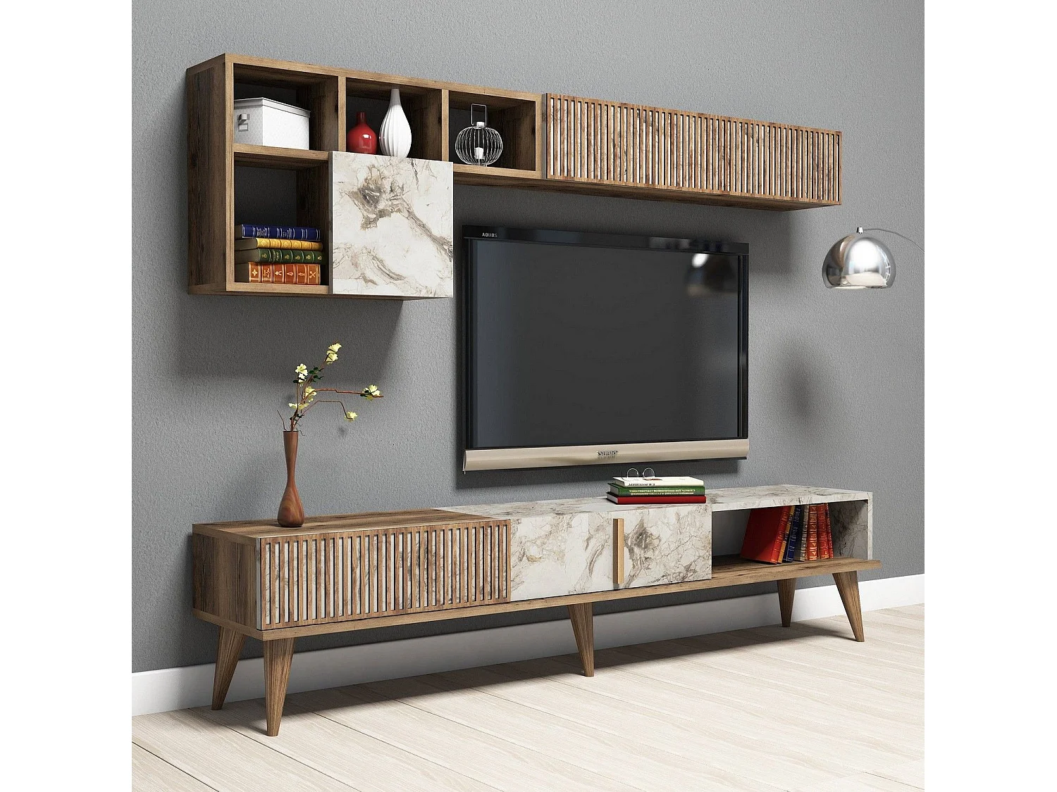 Ensemble meuble Tv, table basse et étagère murale design Ribera Bois foncé et Effet marbre Blanc