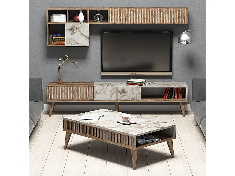 Ensemble meuble Tv, table basse et étagère murale design Ribera Bois foncé et Effet marbre Blanc