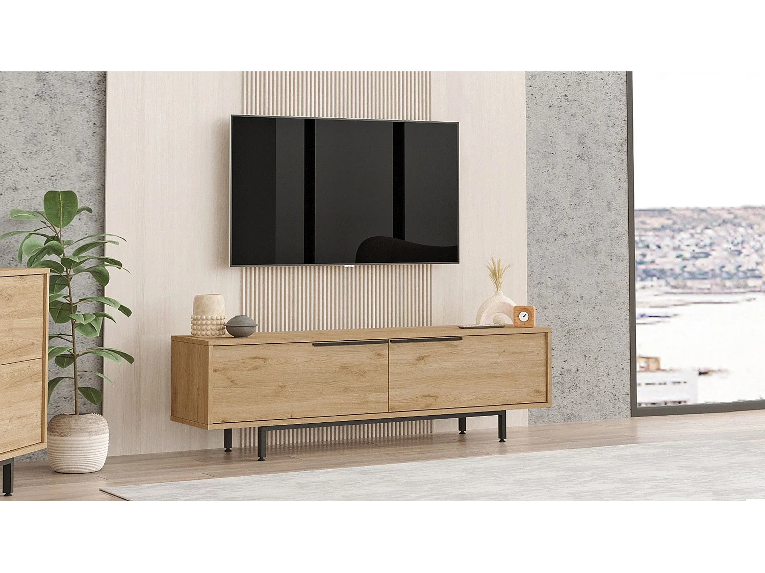 Meuble 2 portes TV Evelis L160cm Bois clair