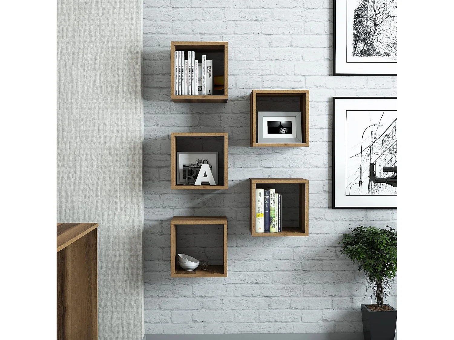 Lot de 5 étagères murales cube Pyxis L30xH30cm Bois foncé