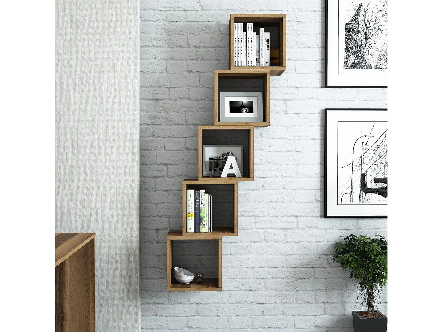 Lot de 5 étagères murales cube Pyxis L30xH30cm Bois foncé