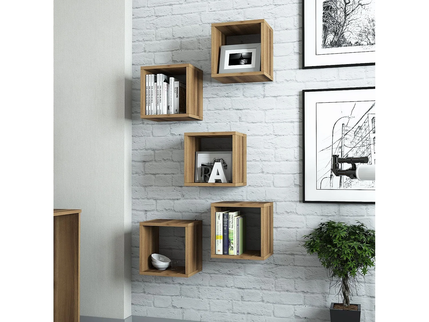 Lot de 5 étagères murales cube Pyxis L30xH30cm Bois foncé