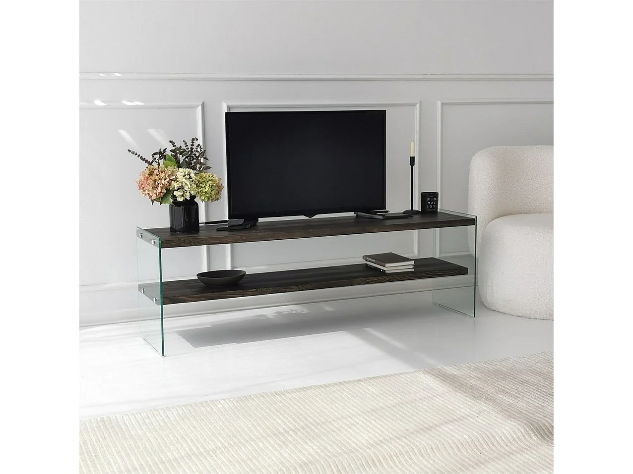 Meuble TV minimaliste Wako L140cm Verre Transparent et Bois massif Anthracite