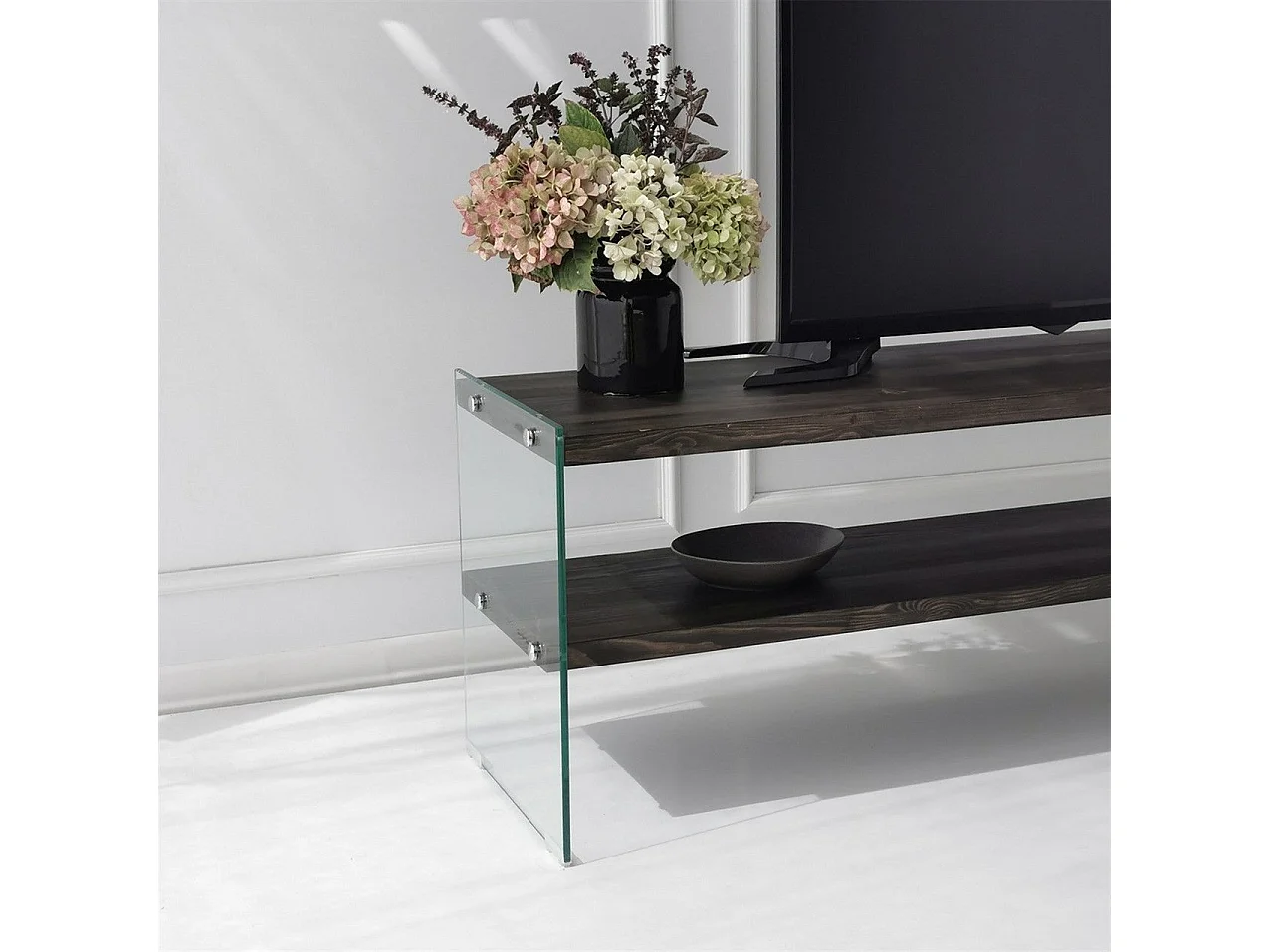 Meuble TV minimaliste Wako L140cm Verre Transparent et Bois massif Anthracite