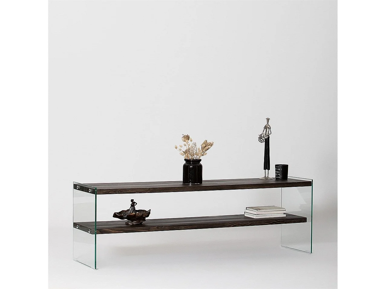 Meuble TV minimaliste Wako L140cm Verre Transparent et Bois massif Anthracite