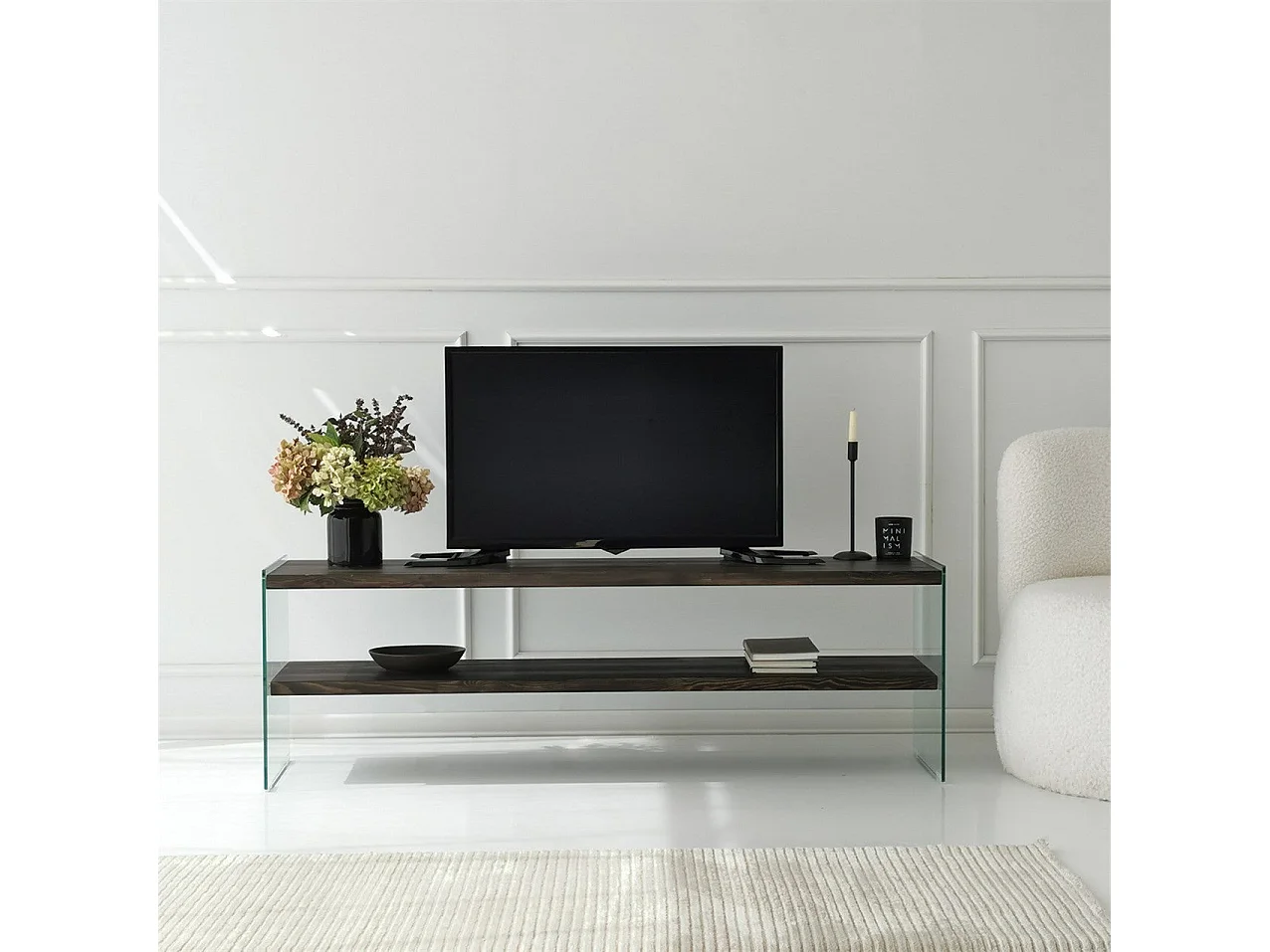 Meuble TV minimaliste Wako L140cm Verre Transparent et Bois massif Anthracite