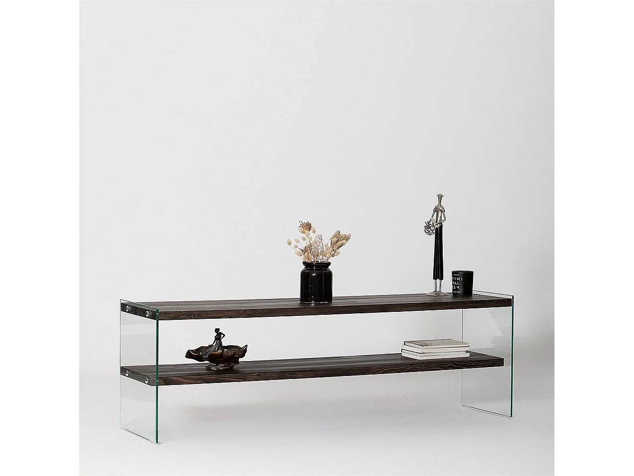 Meuble TV minimaliste Wako L140cm Verre Transparent et Bois massif Anthracite