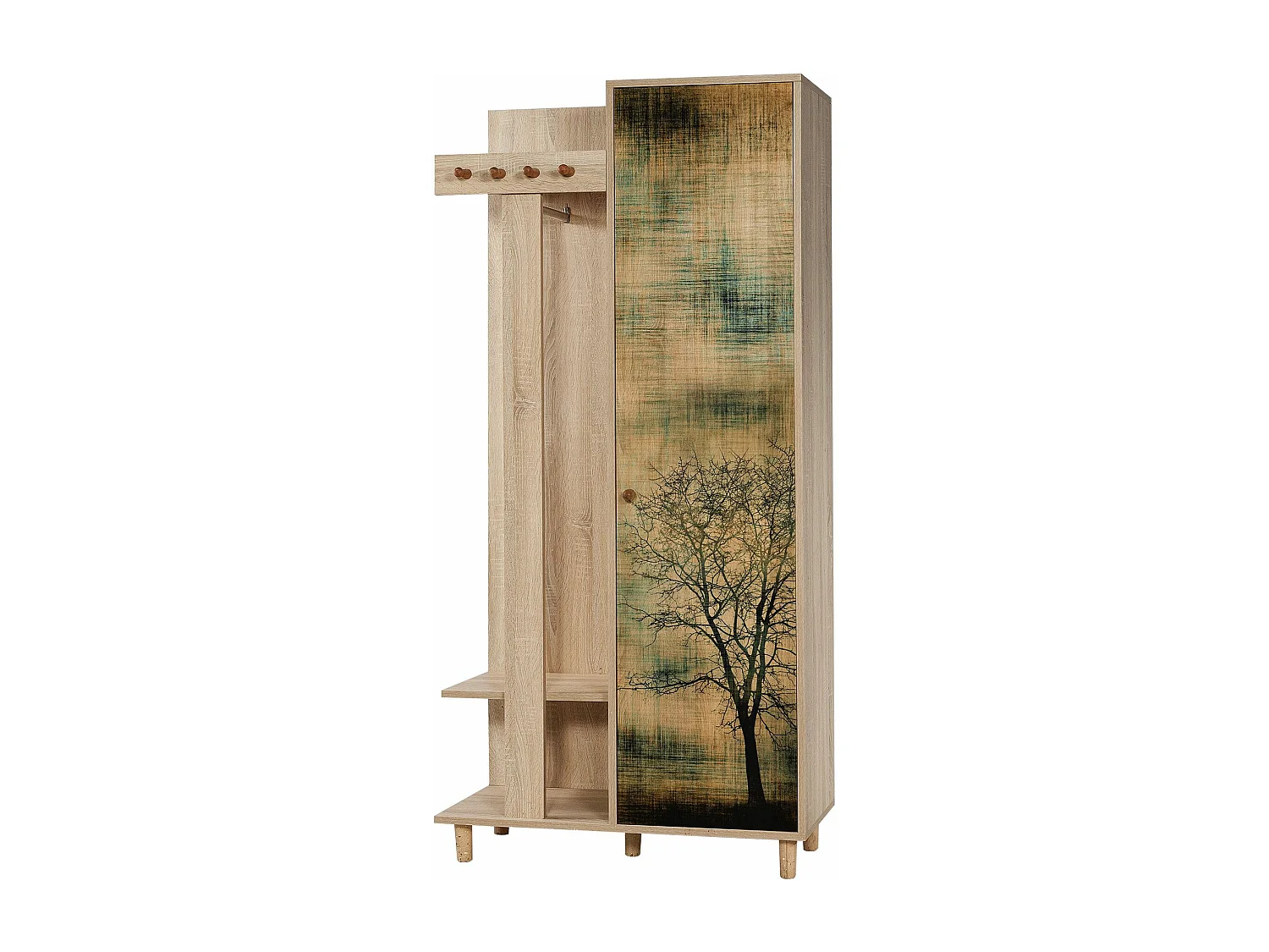Meuble d'entrée 1 porte Repono L90xH194cm Bois Naturel et Motif Arbre effeuillé Noir