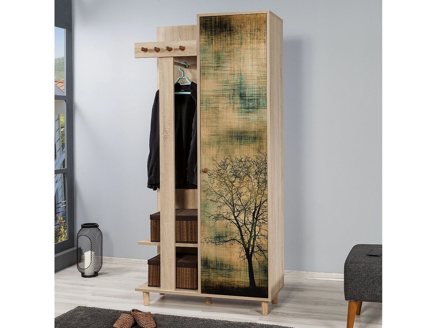 Meuble d'entrée 1 porte Repono L90xH194cm Bois Naturel et Motif Arbre effeuillé Noir