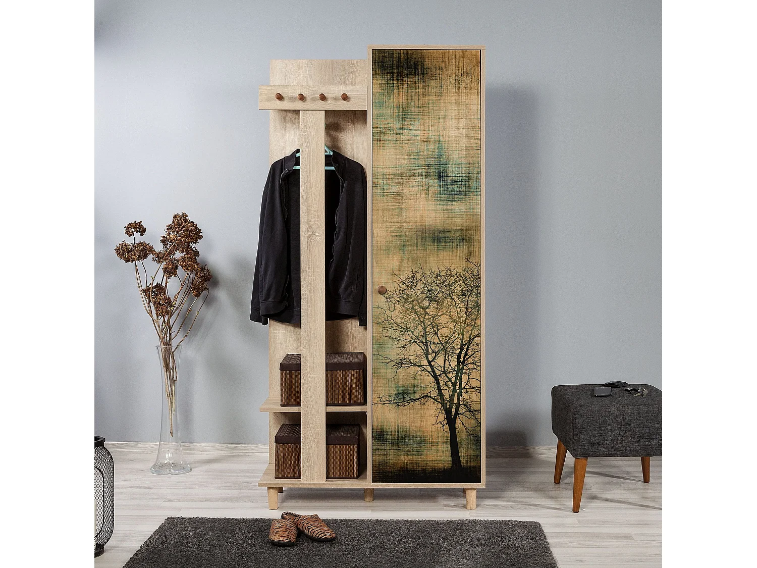 Meuble d'entrée 1 porte Repono L90xH194cm Bois Naturel et Motif Arbre effeuillé Noir