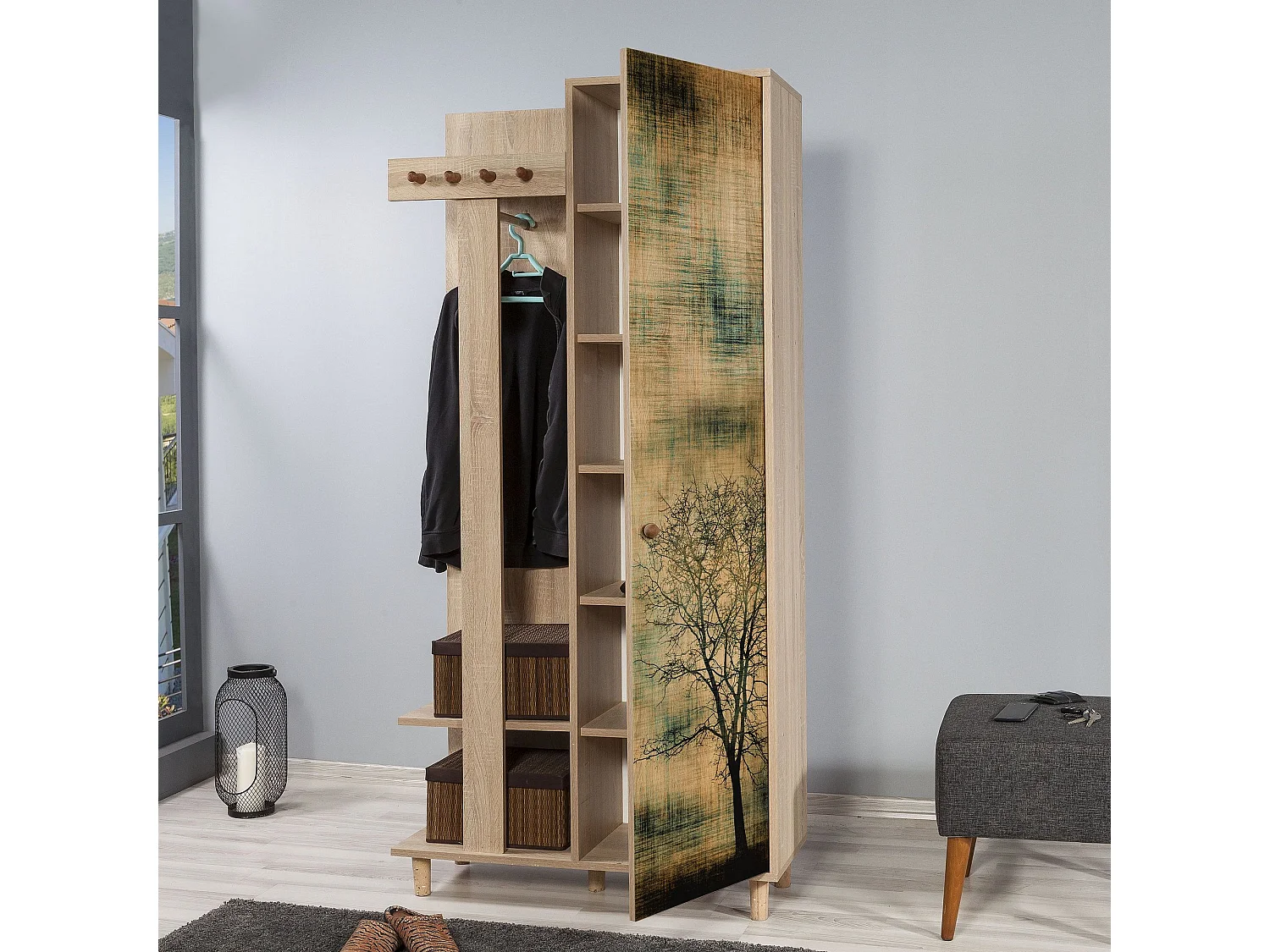 Meuble d'entrée 1 porte Repono L90xH194cm Bois Naturel et Motif Arbre effeuillé Noir