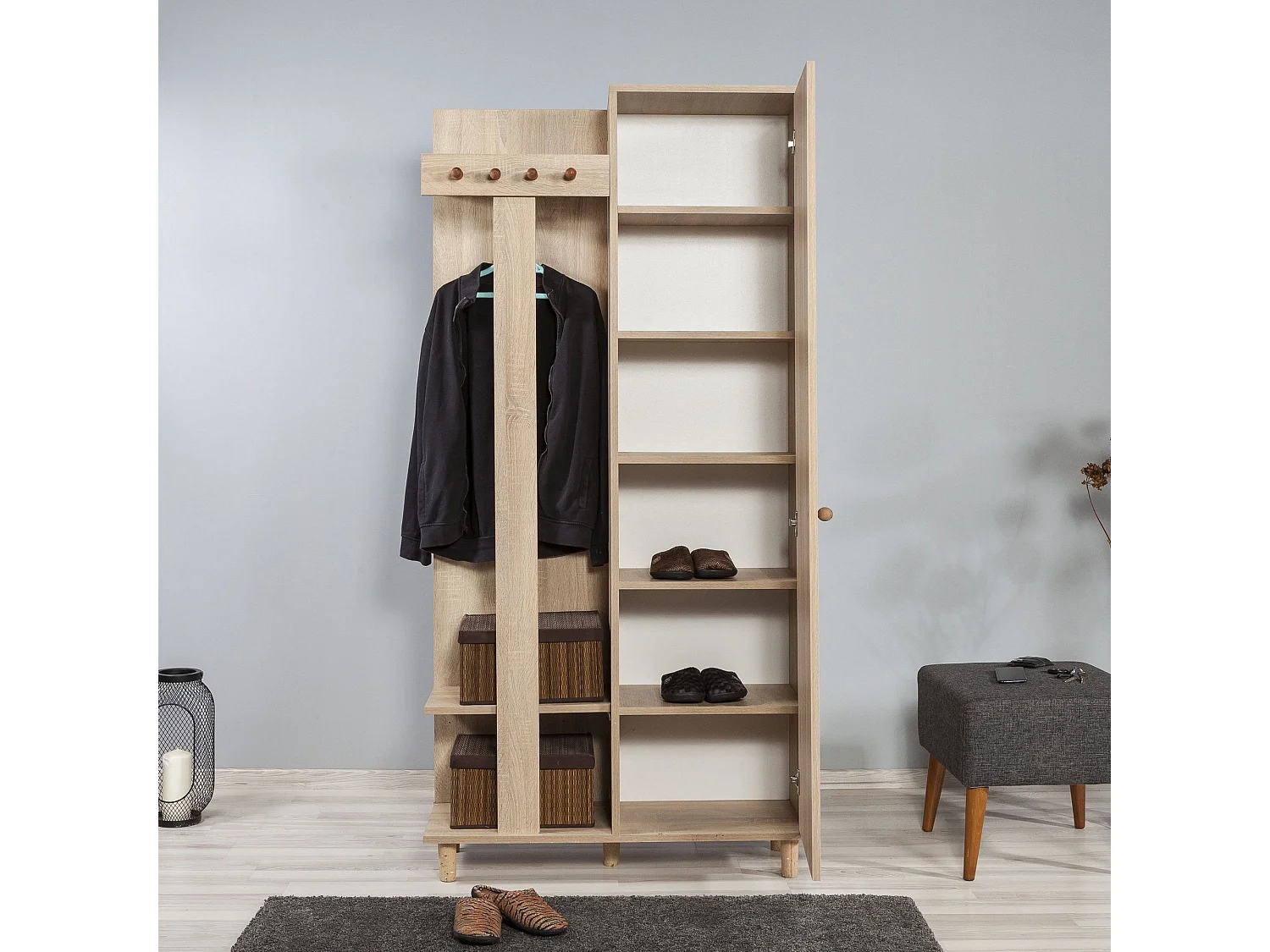 Meuble d'entrée 1 porte Repono L90xH194cm Bois Naturel et Motif Arbre effeuillé Noir