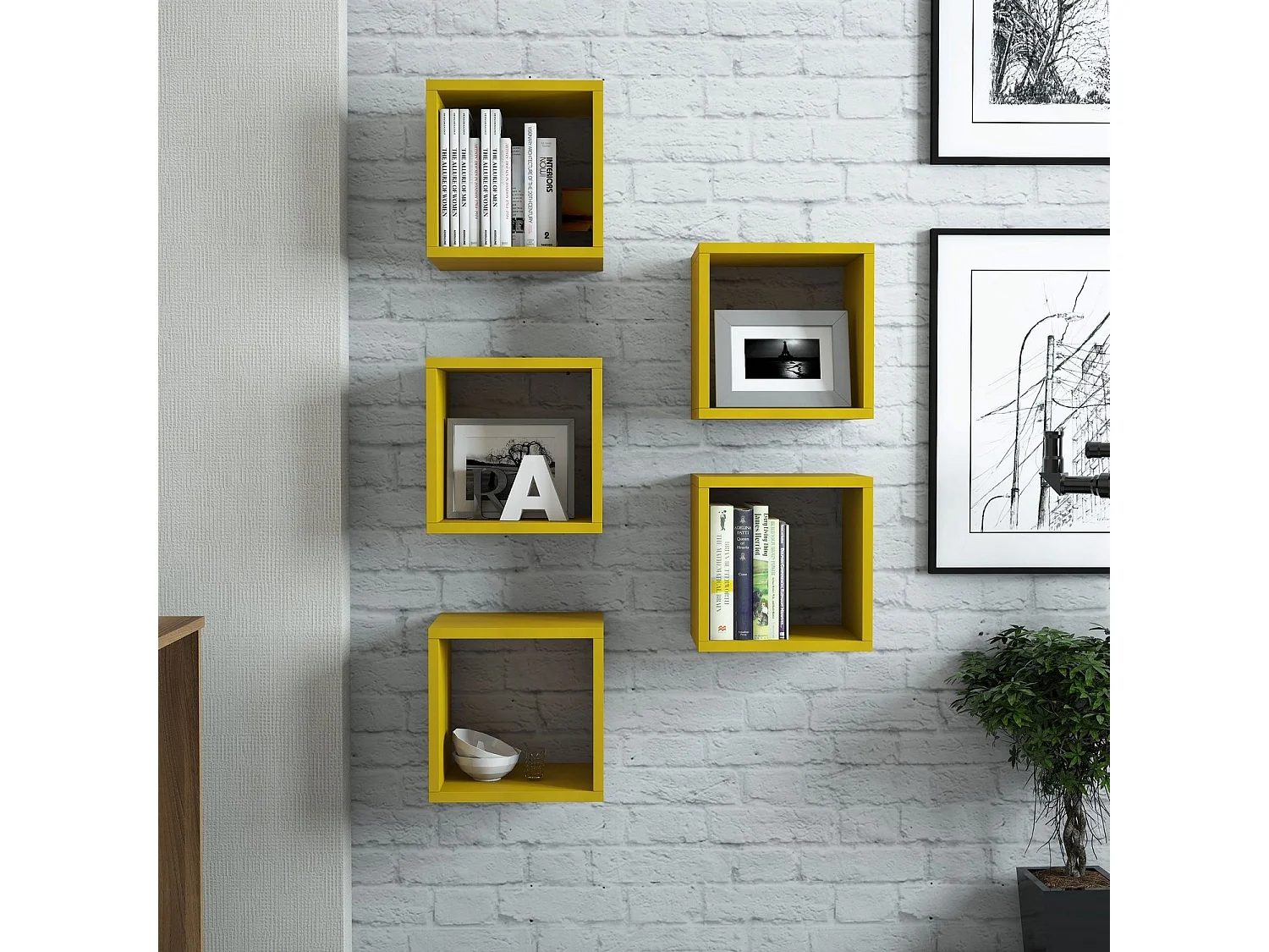 Lot de 5 étagères murales cube Pyxis L30xH30cm Jaune