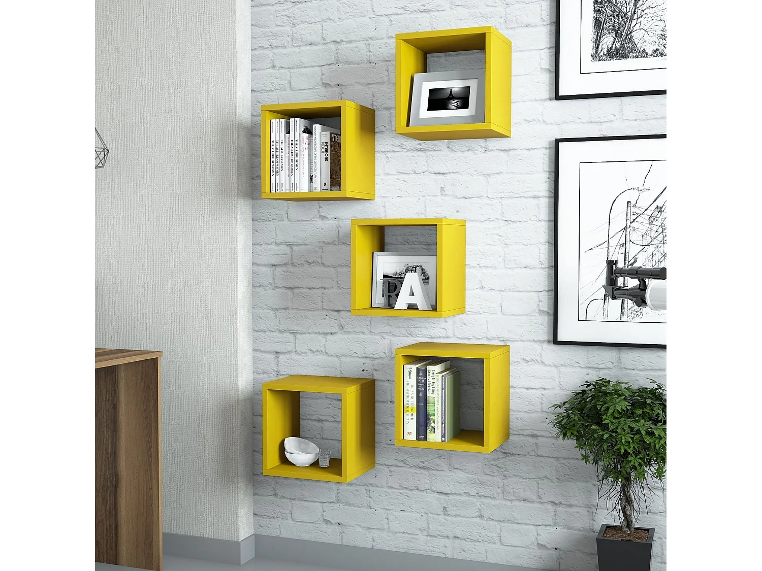 Lot de 5 étagères murales cube Pyxis L30xH30cm Jaune
