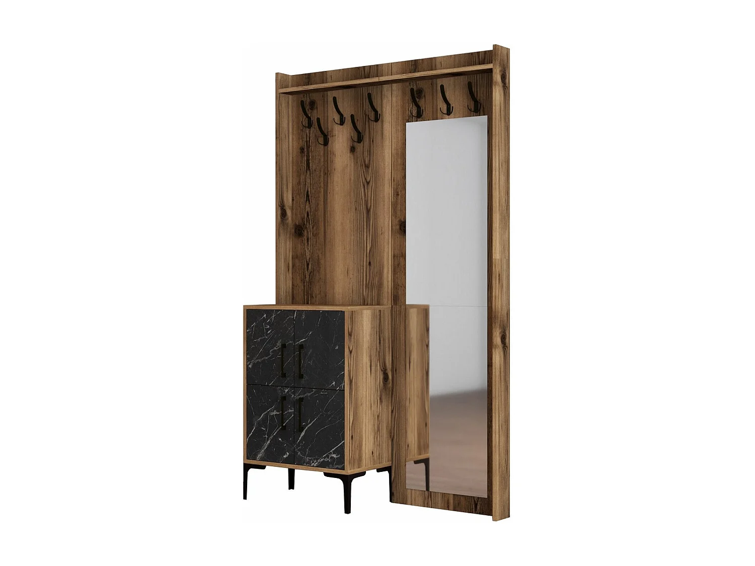 Portemanteaux 4 portes et Miroir Shera 120x200cm Bois Naturel et Noir effet Marbre
