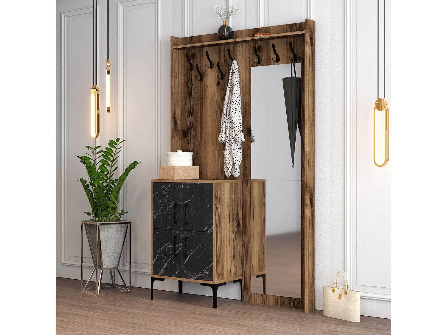 Portemanteaux 4 portes et Miroir Shera 120x200cm Bois Naturel et Noir effet Marbre