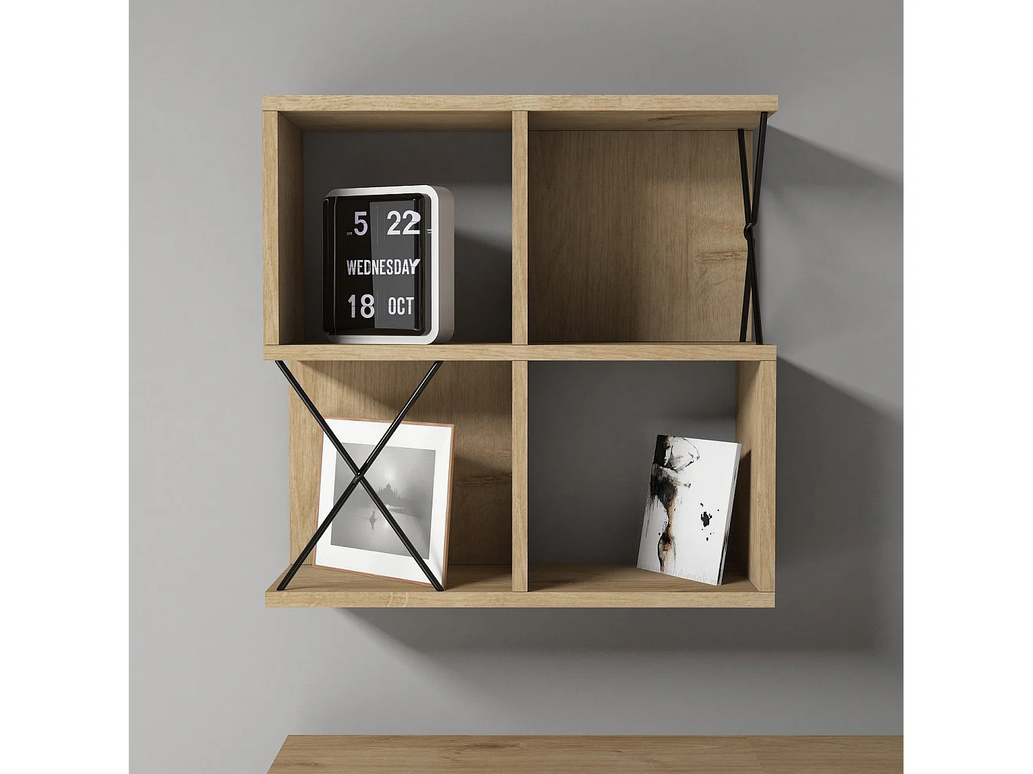 Prateleira de parede moderna – 60 x 60 x 24 cm – carvalho e preto – painel de partículas revestido a melamina