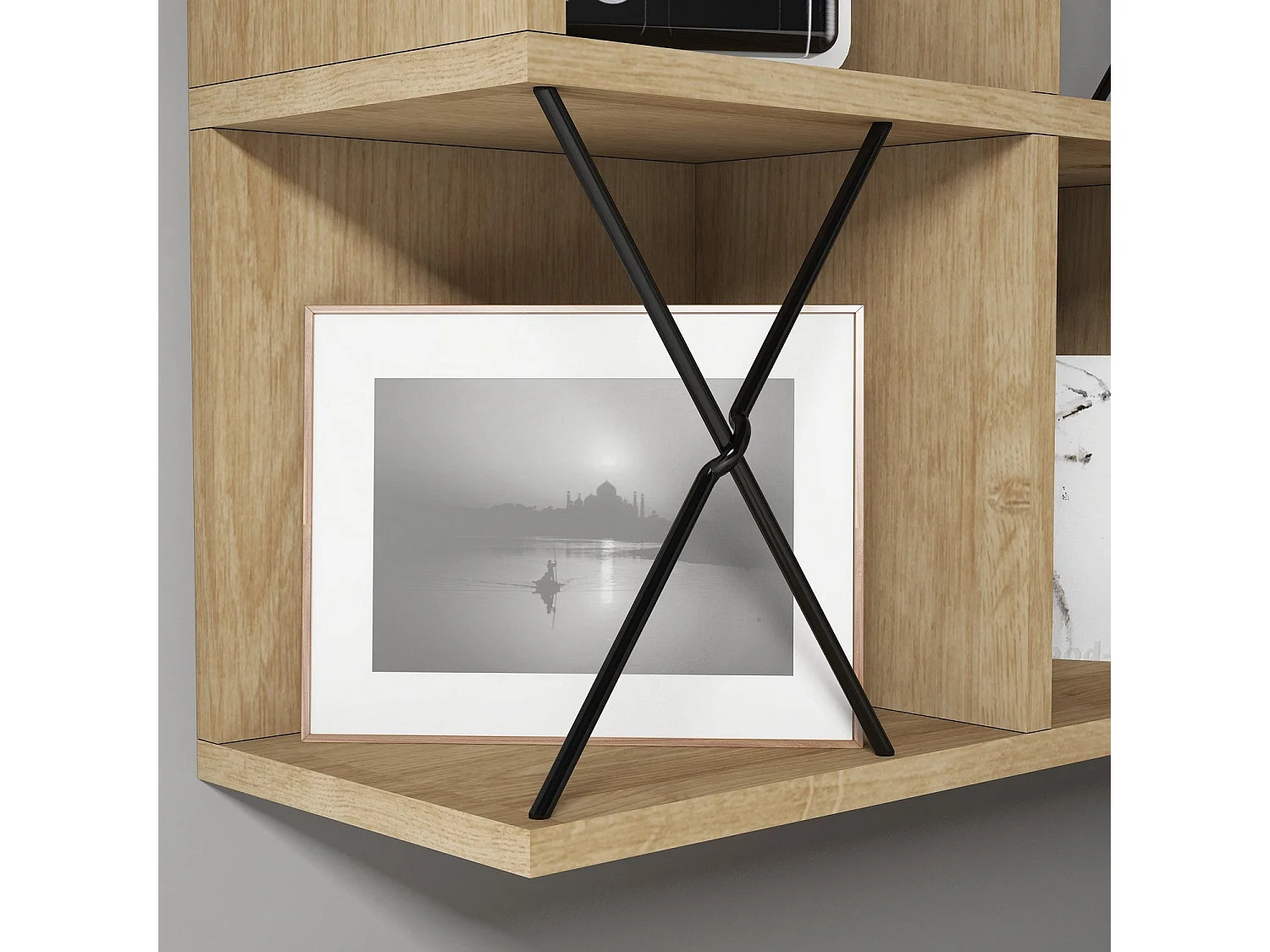 Prateleira de parede moderna – 60 x 60 x 24 cm – carvalho e preto – painel de partículas revestido a melamina