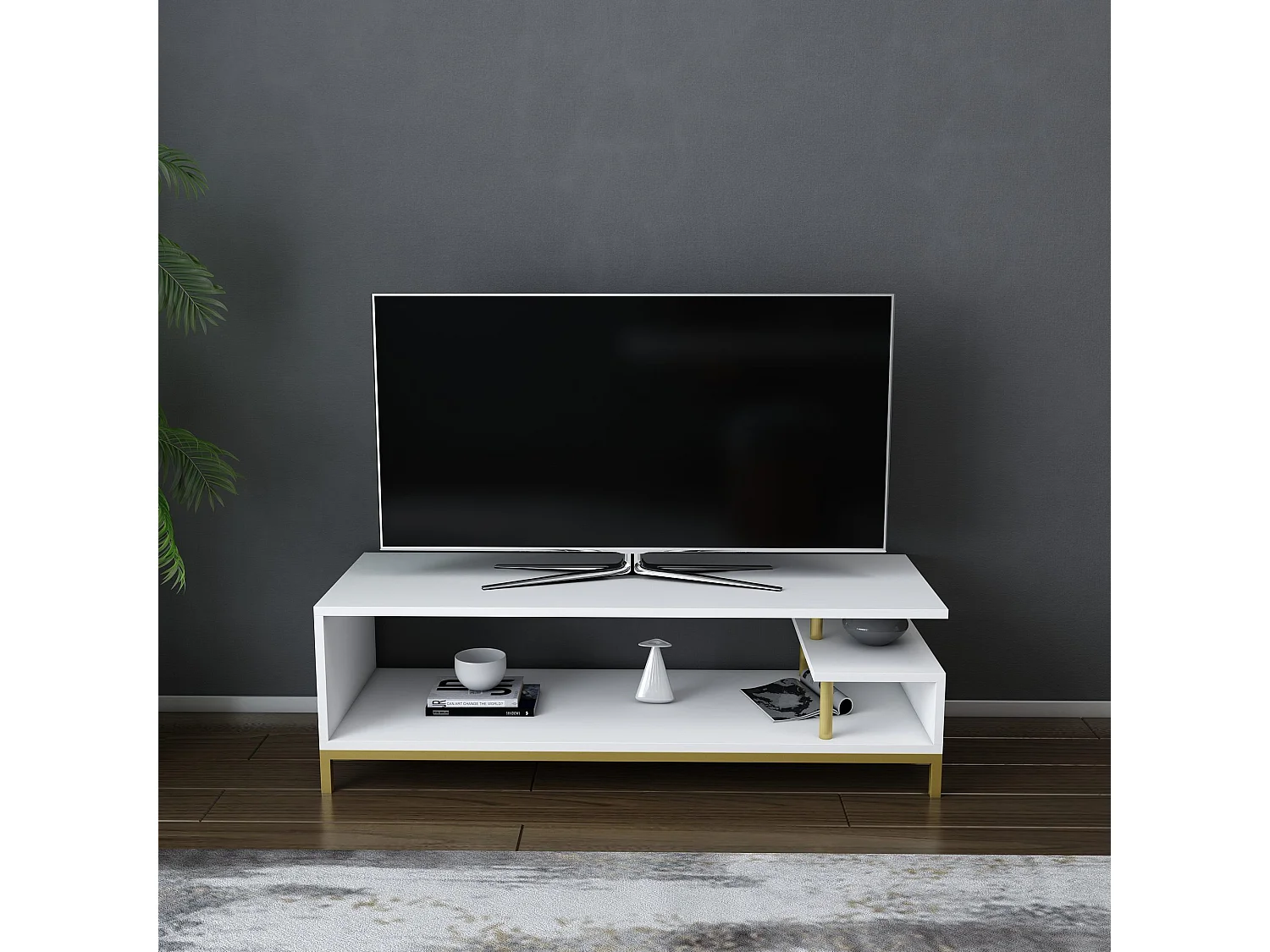 Meuble Tv design Kyrisa L120cm Métal Or et Bois Blanc