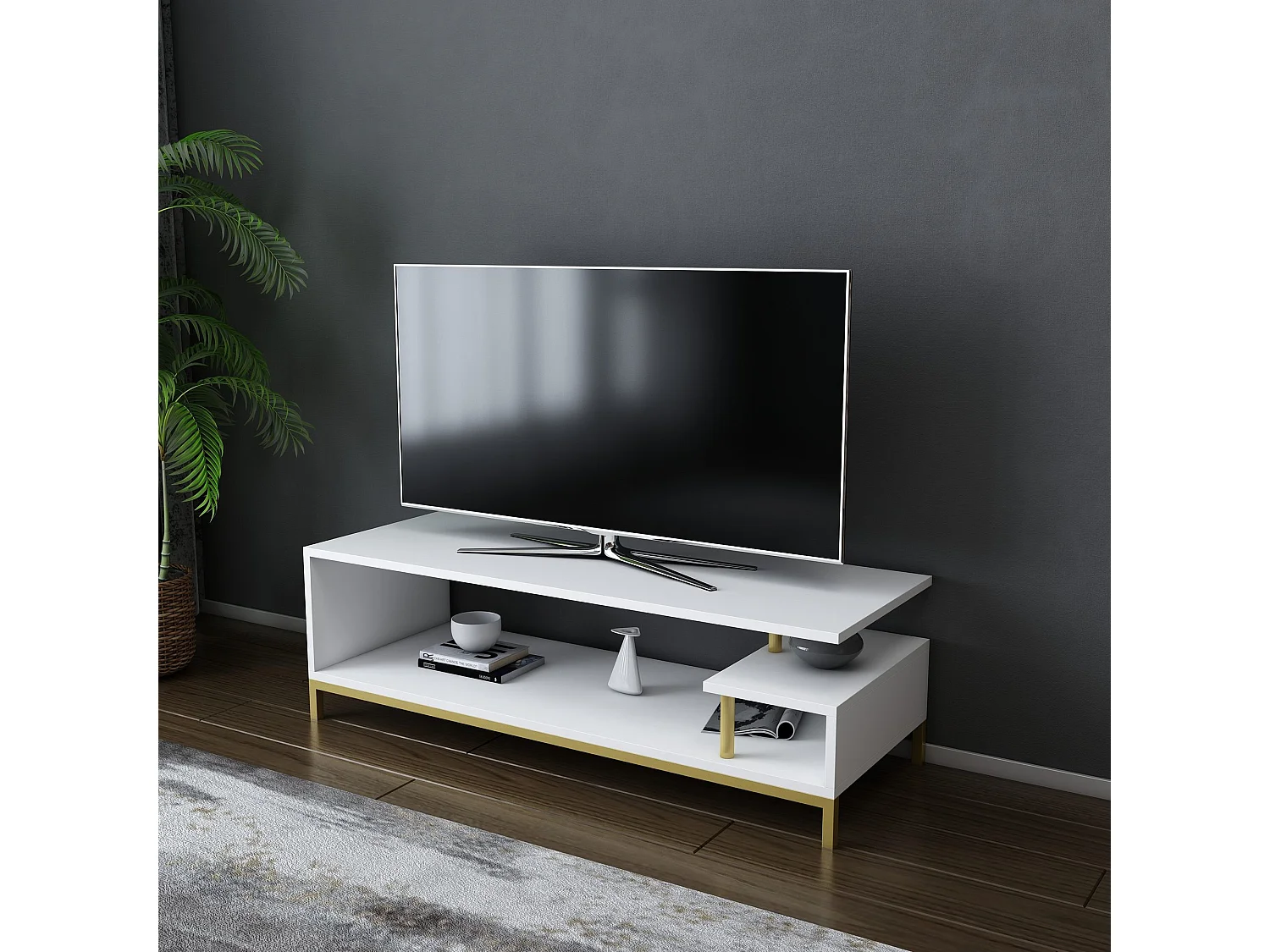 Meuble Tv design Kyrisa L120cm Métal Or et Bois Blanc