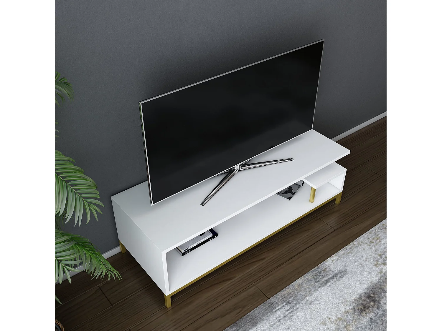 Meuble Tv design Kyrisa L120cm Métal Or et Bois Blanc