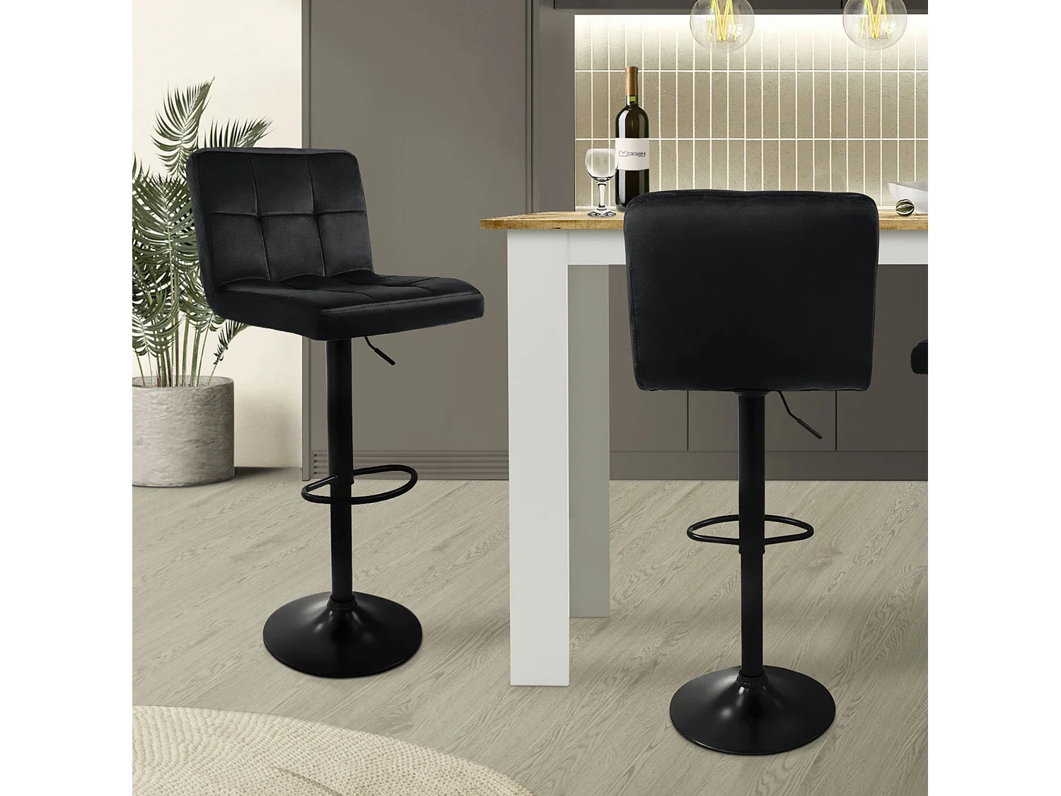Lot de 2 tabourets de bar Réglable en hauteur Chaise de bar en velours Tabouret