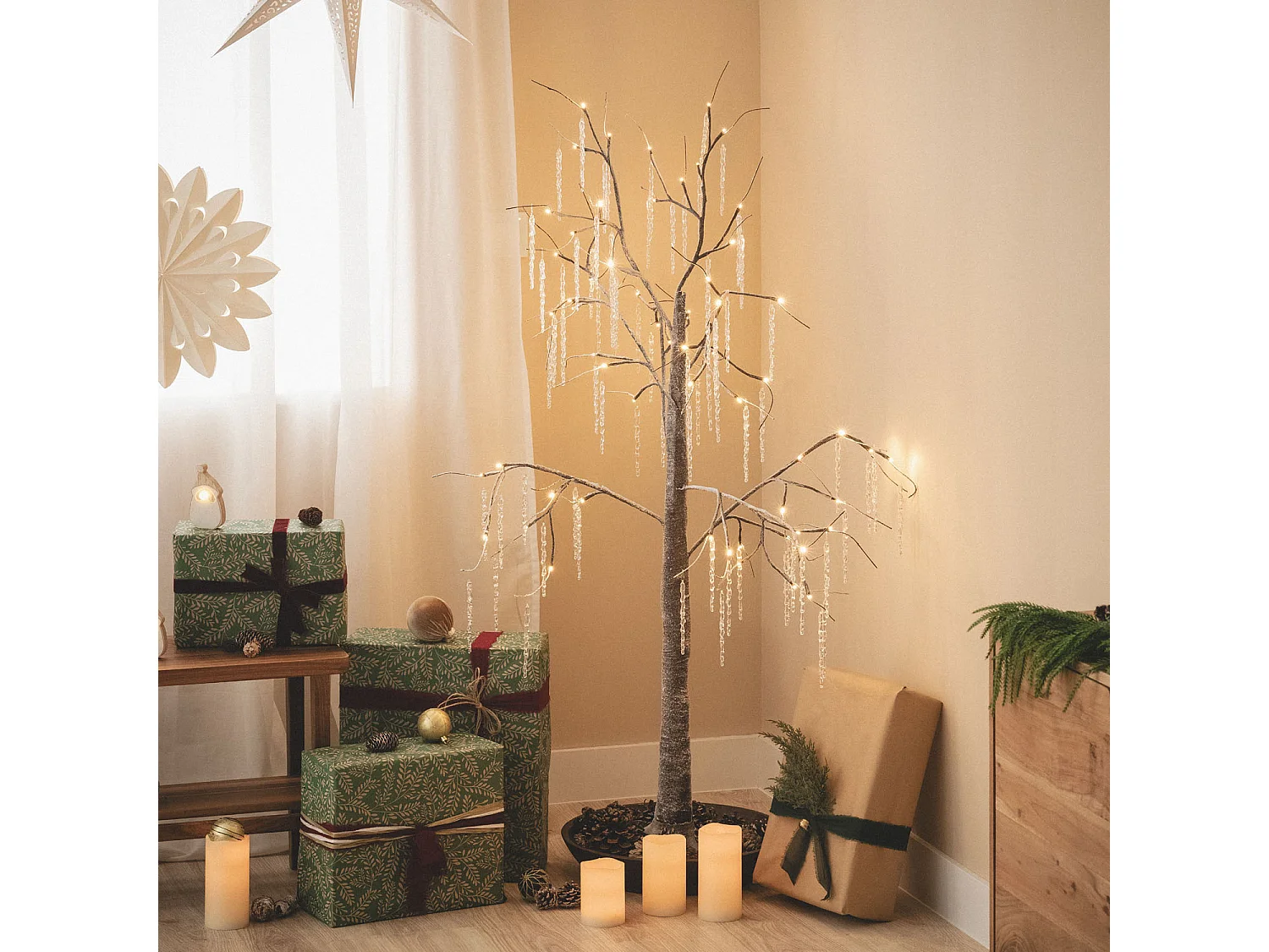 Árbol de Navidad 64 LED 150 cm Blanco Cálido Marrón oscuro