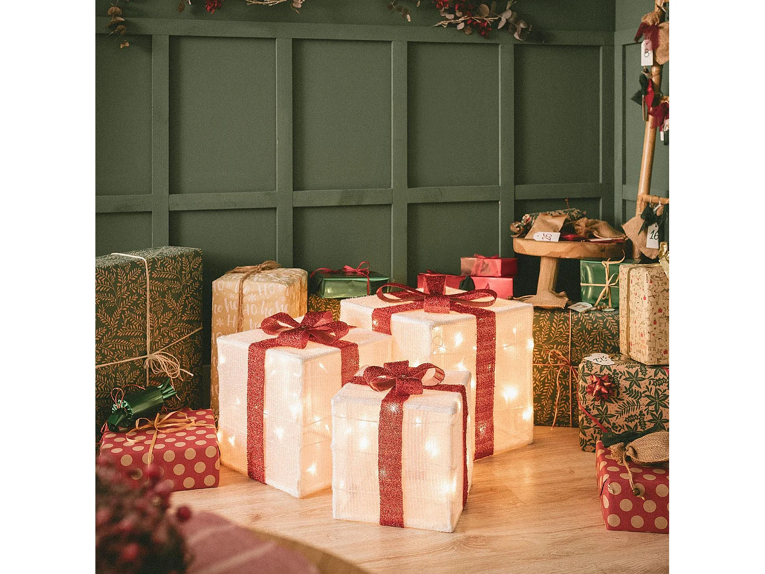 Pack de 3 Cajas Regalo de Navidad LED con Batería Noelle Blanco / Rojo